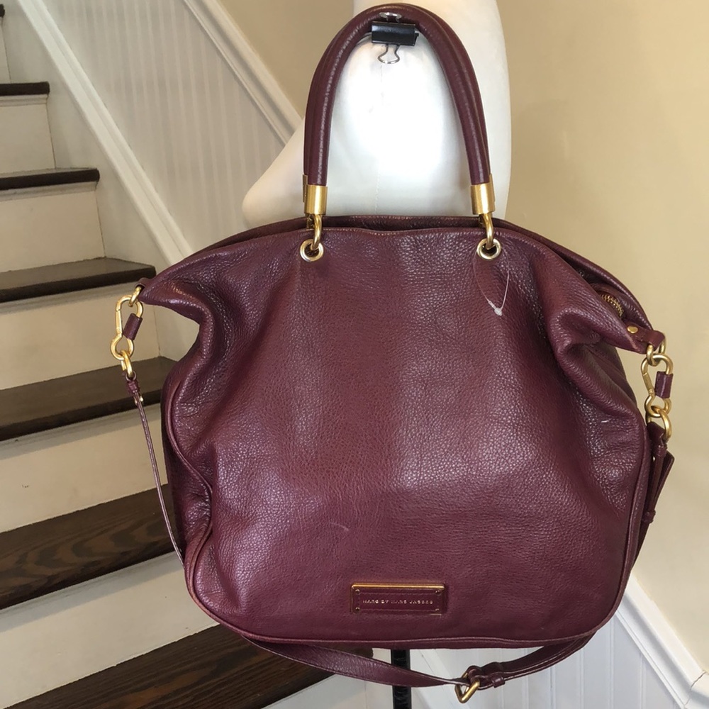 MARC JACOBS Burgundy Tumbled Leather Top Handle Crossbody Satchel Shoulder Bag